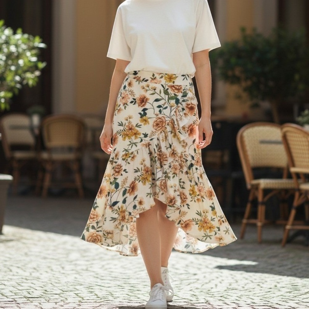 Milk & Honey Floral Tiered Ruffle Midi Skirt Women S Cream Green Flowy Boho Chic